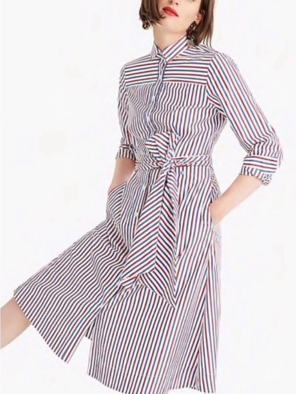 J. Crew Red, White & Blue Striped Tie-Waist Midi Shirt Dress